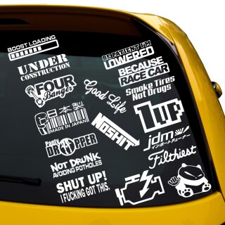 18 Auto Aufkleber Set, good life, 1up,smoke tires, noshit, shut up!, made in japan, filthies... MATT SCHWARZ innen