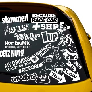 23 AUTO Aufkleber XXL Tuning Sticker Set, Instagram, Built, Tires, Driving, Slammed, Dont Touch, low, tow, Domokun, Pedob&auml;r... WEISS au&szlig;en