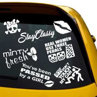 7 Car Aufkleber im Set, skull Lady Sticker,  Stay Classy, Kussmund, Minty fresh, bay a Girl, Women Pedals, BOY don`t touch my car HOLOGRAMM SILBER GLATT au&szlig;en