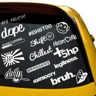16 Aufkleber Auto Tuingsticker Set  #DATBOOTY, SHIFT, +5hp, dope, haters love me, bruh.,bye felicia!, chillest, braggers, legithness., boost loading SCHWARZ au&szlig;en