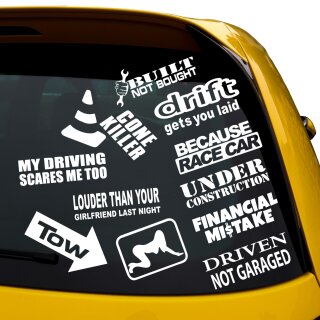 11 Auto Sticker im Set, TOW, Cone Killer, Racecar, Louder than your Girlfriend, sexy Girl, Race Car... GELB au&szlig;en