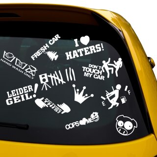 12 Autoaufkleber im Set Sticker Haters, Picture This, Fresh Car, Hand Wash Only usw GRAU innen